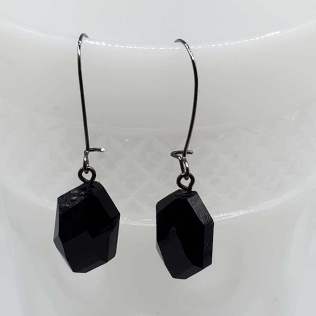 Vintage Black Glass Crystal Earrings Kidney Wires Sparkly Elegant Faceted Cut